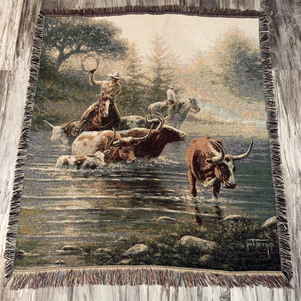 Vtg Mohawk Home Jack Terry Western Cowboy Woven Tapestry Throw Blanket 54X47 EUC